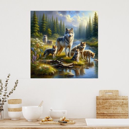 Wolf Pack Wolven Stream Natuur Natuur in het wild  Poster (Keuken)