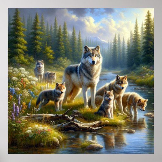 Wolf Pack Wolven Stream Natuur Wildlife Poster (Voorkant)