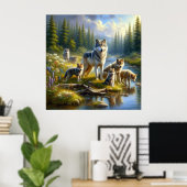 Wolf Pack Wolven Stream Natuur Wildlife Poster (Thuiskantoor)