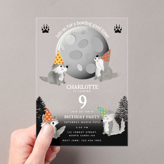 Wolf Pack Woodland Moon Howling Birthday Party Acryl Uitnodigingen (Insitu (Draagbaar))