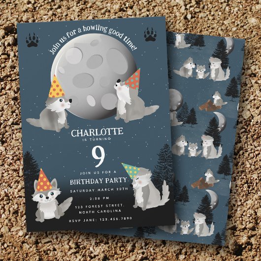 Wolf Pack Woodland Moon Howling Birthday Party Kaart