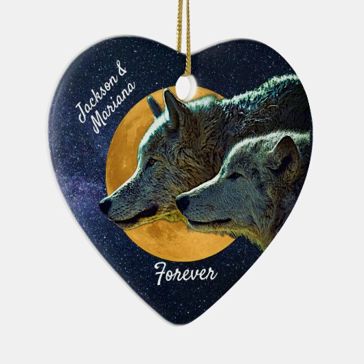 Wolf Pair en Full Moon Ceramic Ornament (Rechts)