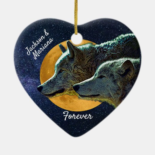 Wolf Pair en Full Moon Ceramic Ornament (Achterkant)