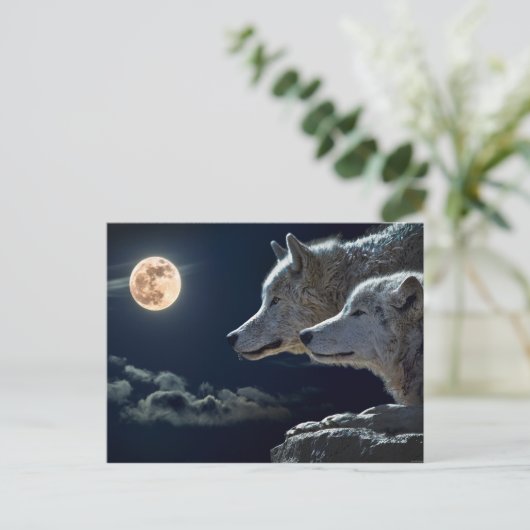 Wolf Pair Moon Night Gothic Fantasy Briefkaart (Staand voorkant)
