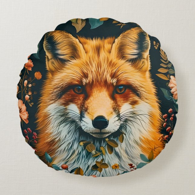Wolf Patroon Vintage Bos Bloem Tuin Rond Kussen (Voorkant)