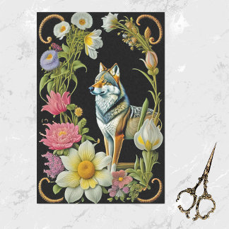Wolf Pink Yellow Floral Artwork Tissuepapier