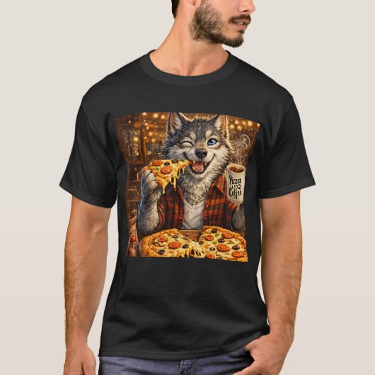 Wolf Pizza Coffee Funny Vintage Cartoon T-shirt (Voorkant)