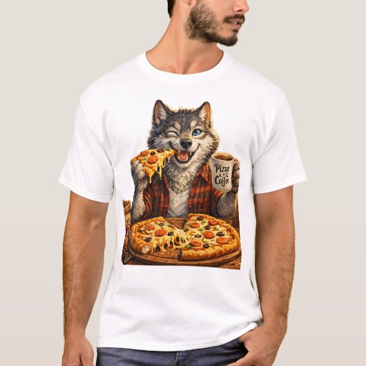 Wolf Pizza Koffie Grappige Vintage Cartoon T-shirt (Voorkant)