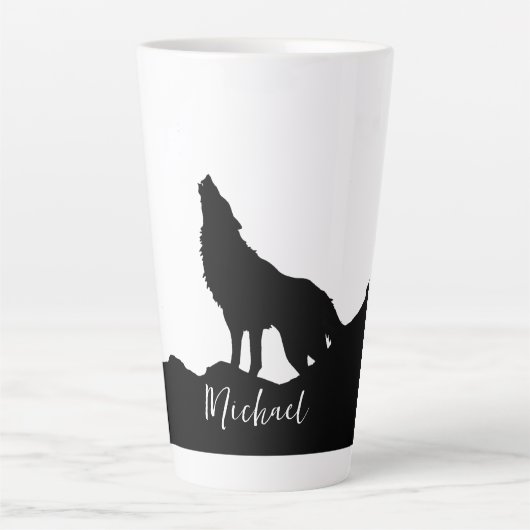 Wolf Pop Art Jouw naam Custom Zwart Wit Latte Mok (Voorkant)