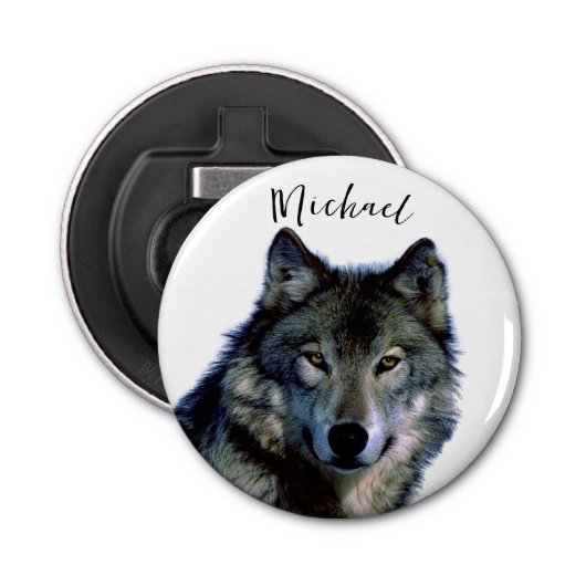 Wolf Portrait Jouw naam Custom Handschrift Button Flesopener (Voorkant)