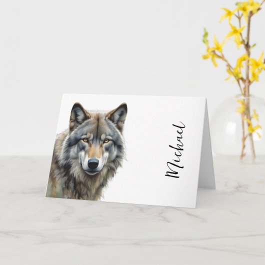 Wolf Portrait Jouw naam Custom Handschrift Kaart (Gele Bloem)