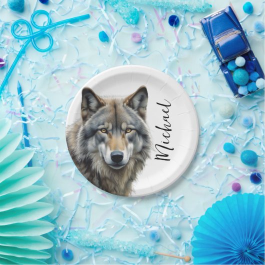 Wolf Portrait Jouw naam Custom Handschrift Papieren Bordje (Feest)