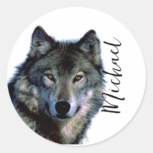Wolf Portrait Jouw naam Custom Handschrift Ronde Sticker (Voorkant)