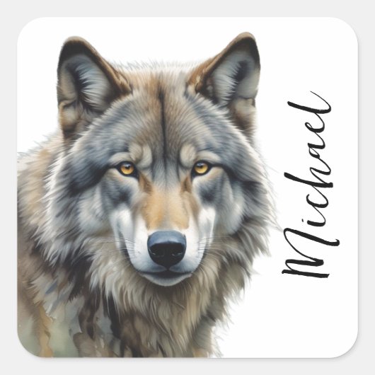 Wolf Portrait Jouw naam Custom Handschrift Vierkante Sticker (Voorkant)