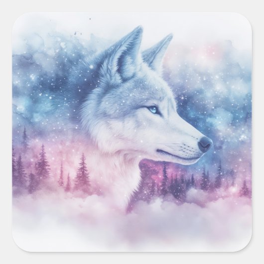 Wolf Portrait with Pink and Purple Nebula Vierkante Sticker (Voorkant)