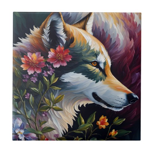 Wolf Portret Bloemenkunst Tegeltje (Voorkant)