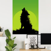 Wolf Poster – Howling Silhouette op Groen (Thuiskantoor)