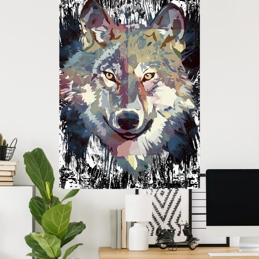 Wolf Poster - Retro Wolf Polygon Poster (Thuiskantoor)