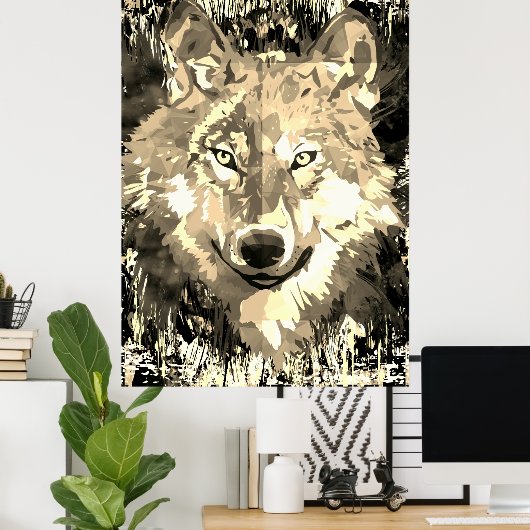 Wolf Poster - Sepia Wolf Polygon Poster (Thuiskantoor)