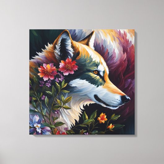 Wolf profiel Bloemenportret kunst Canvas Afdruk (Voorkant)