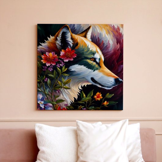 Wolf profiel Bloemenportret kunst Canvas Afdruk