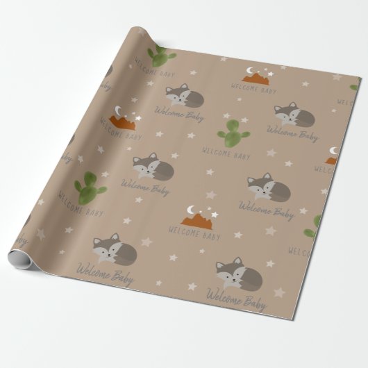 Wolf Pup Cactus Desert Stars Welkom Baby Cadeaupapier (Uitgerold)