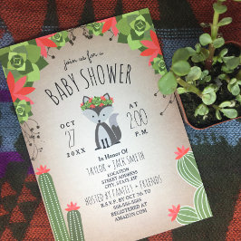 Wolf Pup Floral Cactus Desert Girl Baby shower Kaart