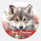 Wolf Pup Prettig Kerst Sticker (Voorkant)