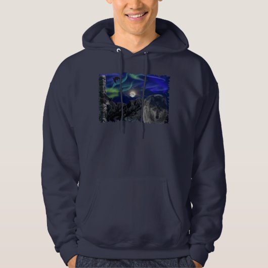 Wolf, Ravens, Totem Pole & Aurora Winter Hoodie (Voorkant)