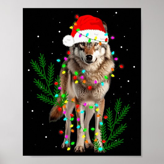 Wolf Santa Hat Christmas Lights Wolf Lover Animal  Poster (Voorkant)