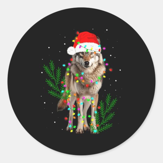 Wolf Santa Hat Christmas Lights Wolf Lover Animal  Ronde Sticker (Voorkant)