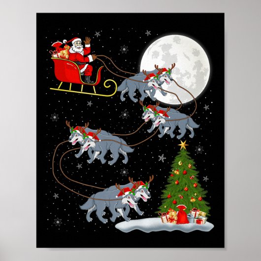 Wolf Santa Sleigh Flying Funny Magical Christmas P Poster (Voorkant)