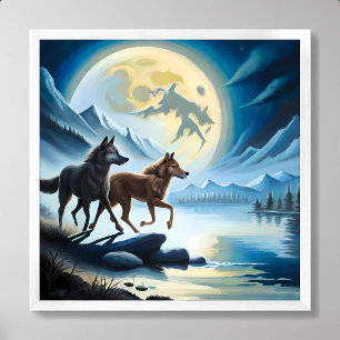 Wolf schilderij maan rivier donkere nacht berg roc poster