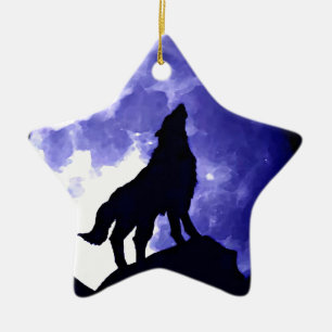 Wolf Silhouette en Full Moon Keramisch Ornament