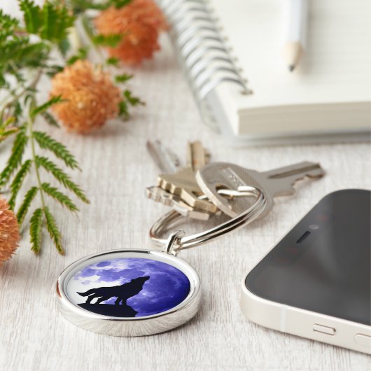 Wolf Silhouette en Full Moon Sleutelhanger (Zijkant)