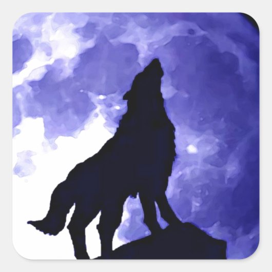 Wolf Silhouette en Full Moon Vierkante Sticker (Voorkant)
