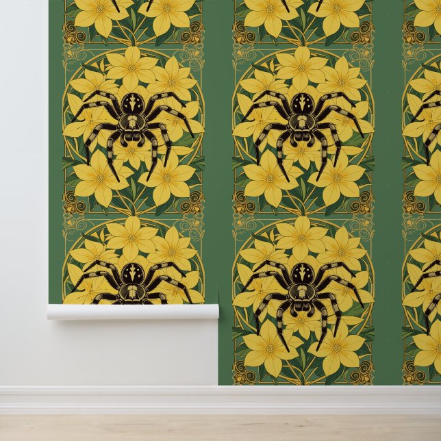 Wolf Spider en gele jasmijn bloemen Behang (Applicatie)