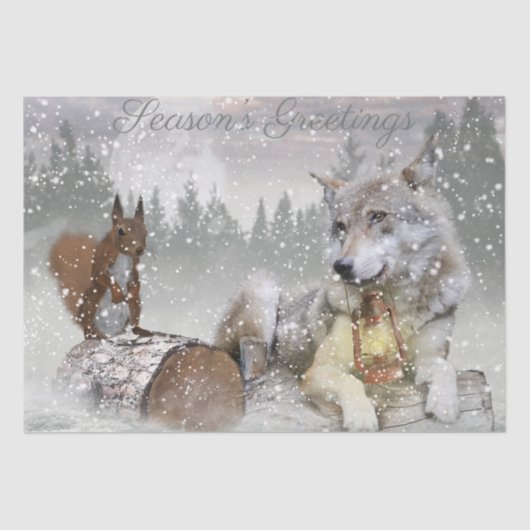 Wolf Squirrel Winter Snow Forest Moon Landscape Tissuepapier (Voorkant)