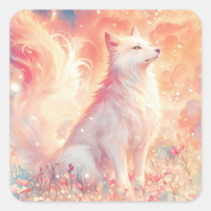 Wolf Staand in Stralende Wilde Bloemenweide Nacht Vierkante Sticker