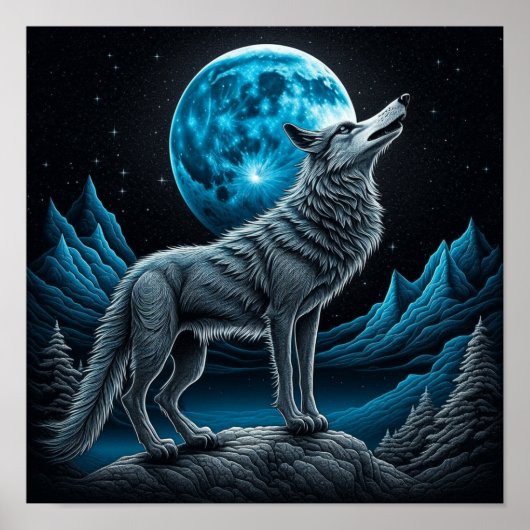 Wolf staand voor de volle maan | AI-kunst Poster (Voorkant)