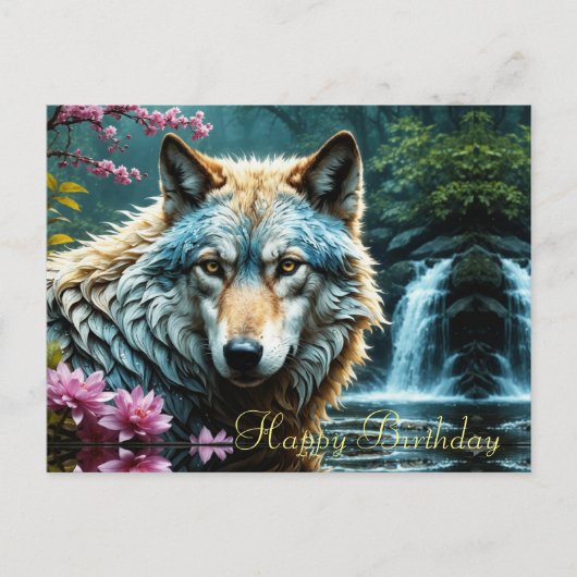 Wolf Staande in de rivier met bloemen Verjaardag Briefkaart (Voorkant)