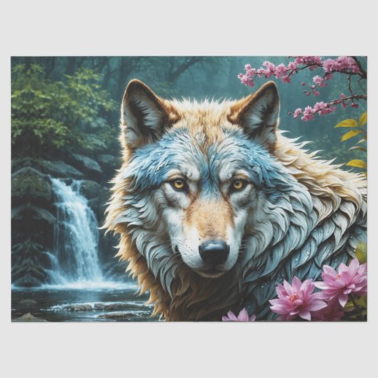 Wolf Staande in rivier met bloemen Tissuepapier (Voorkant)