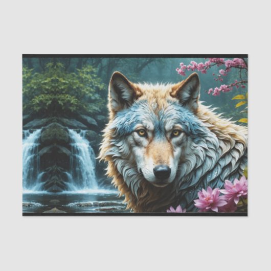 Wolf Staande in rivier met bloemen Tissuepapier (Voorkant)