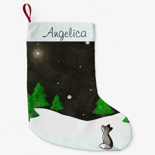 Wolf Stargazing op Snowy Winter Night Waterverf Kleine Kerstsok (Voorkant)