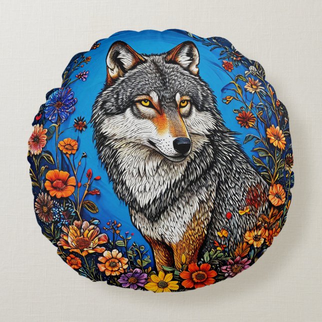 Wolf te midden van levendige bloemen rond kussen (Voorkant)
