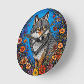 Wolf te midden van levendige bloemen ronde klok (Hoek)