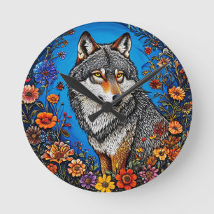 Wolf te midden van levendige bloemen ronde klok