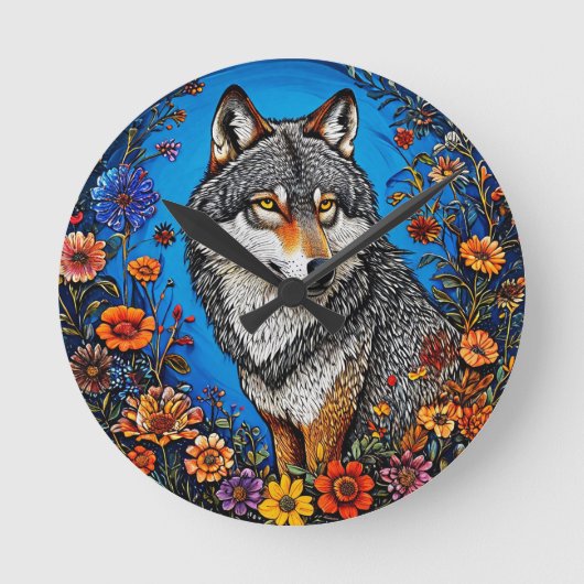 Wolf te midden van levendige bloemen ronde klok (Voorkant)