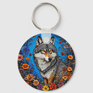 Wolf te midden van levendige bloemen sleutelhanger