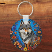 Wolf te midden van levendige bloemen sleutelhanger (Achterkant)